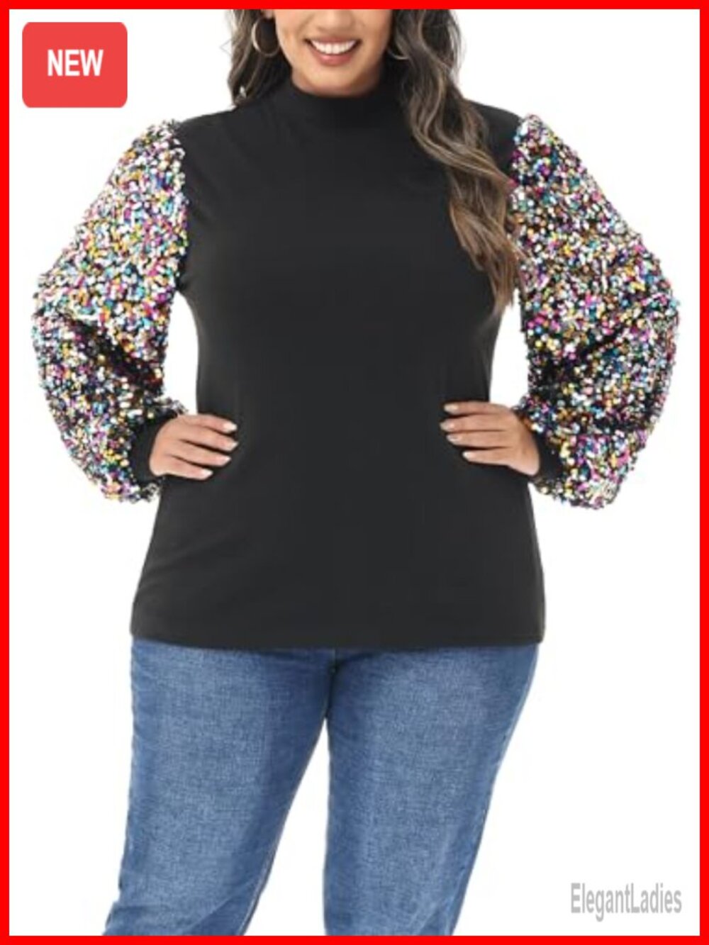 Sequin Sweatshirt Mock Neck Pullover Balloon Sleeve Plus Size